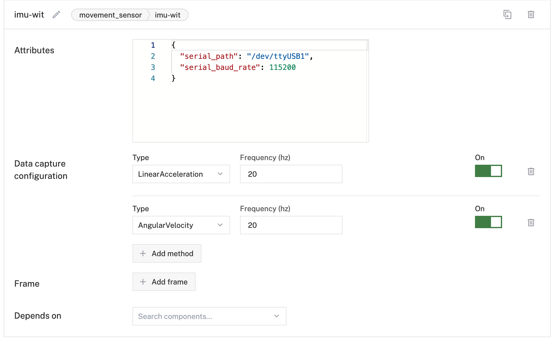 An IMU configured in the Viam app config builder with angular velocity and linear acceleration both configured for capture at 20 Hz.