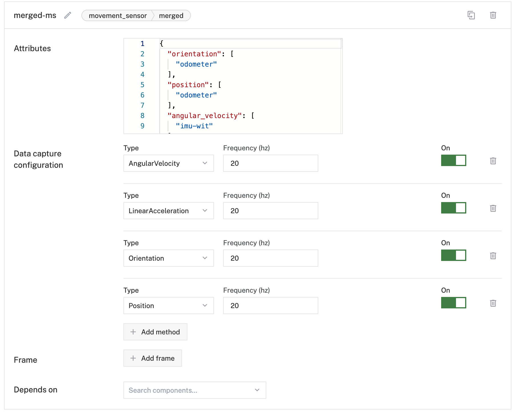 An IMU configured in the Viam app config builder with angular velocity, linear acceleration, position, and orientation all configured for capture at 20 Hz.