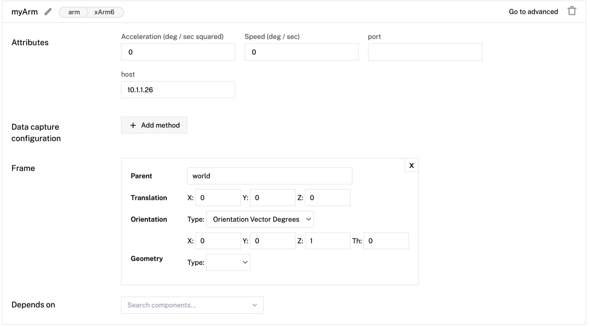 Create component panel, with the name attribute filled as myArm, type attribute filled as arm and model attribute filled as xArm6. In the Attributes section, host is filled 10.1.1.26 and in Frame section, there is a world frame.